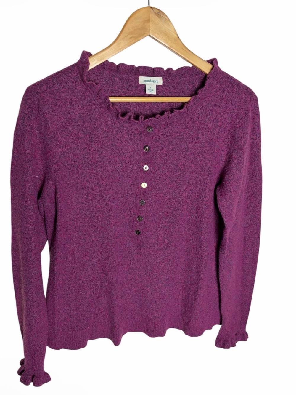 Sundance Edwina Henley plum ruffle trim wool blend sweater size L